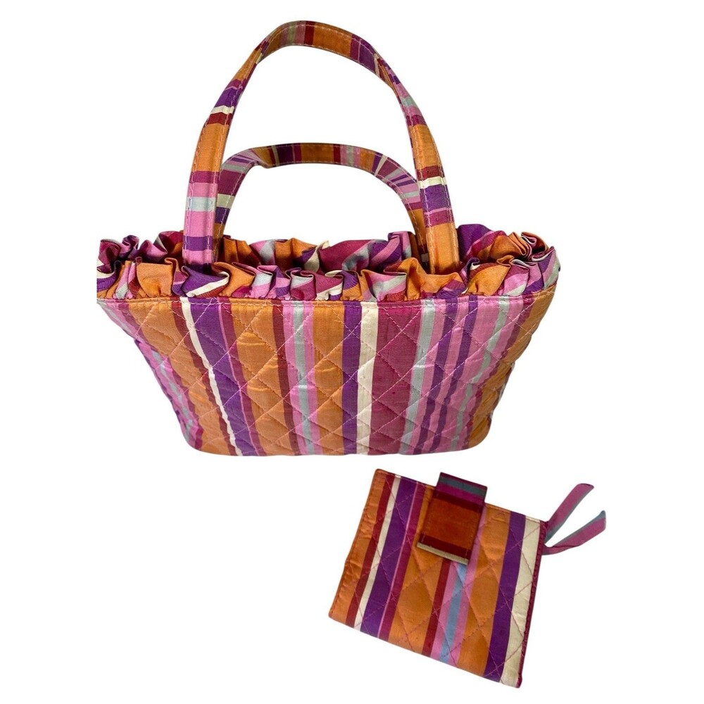 Vera Bradley Pink Stripe Handbag Kate Purse w Wallet Silk Collection